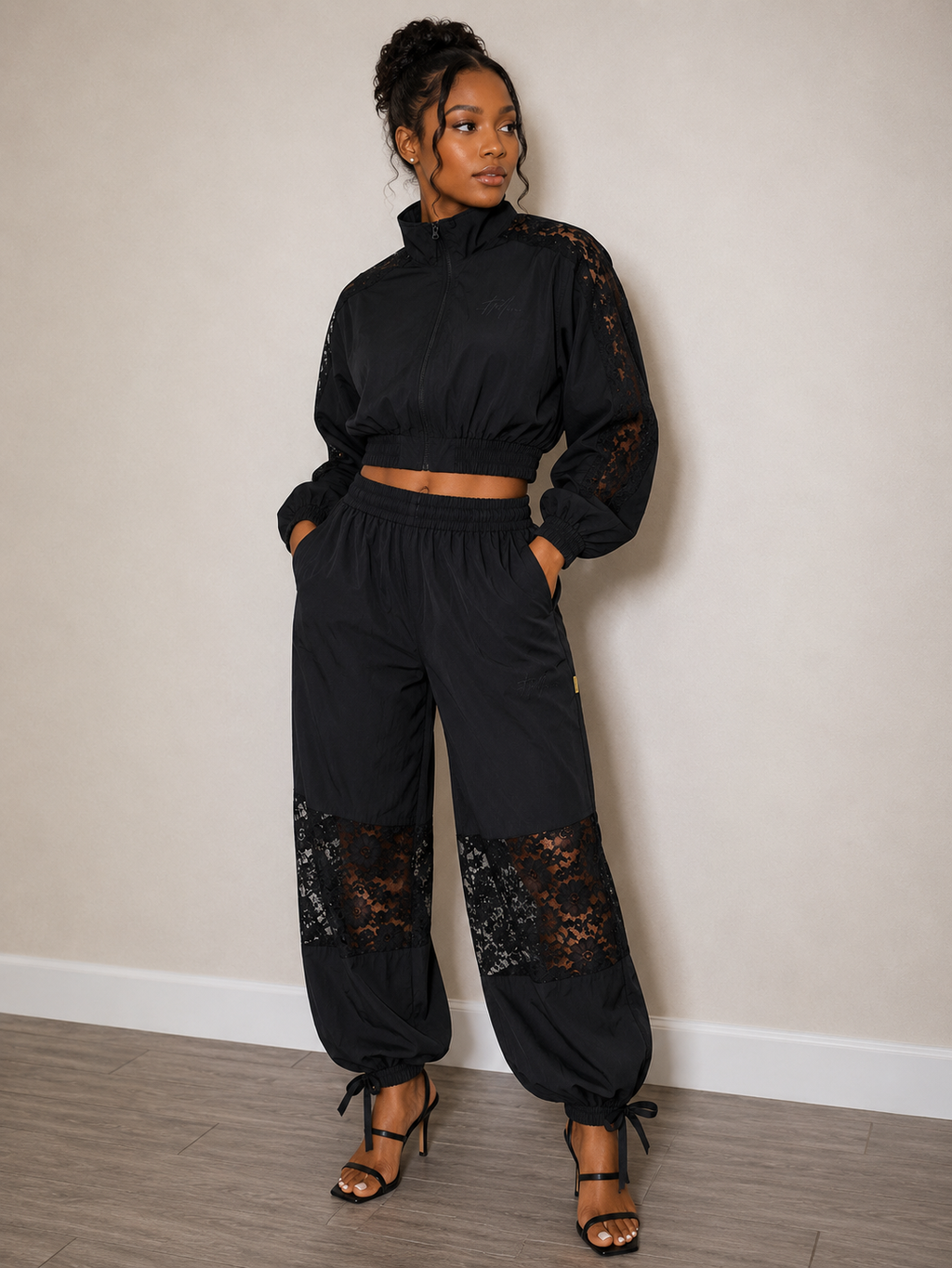 LADIES BLACK LACE & LUXURY JOGGER SET