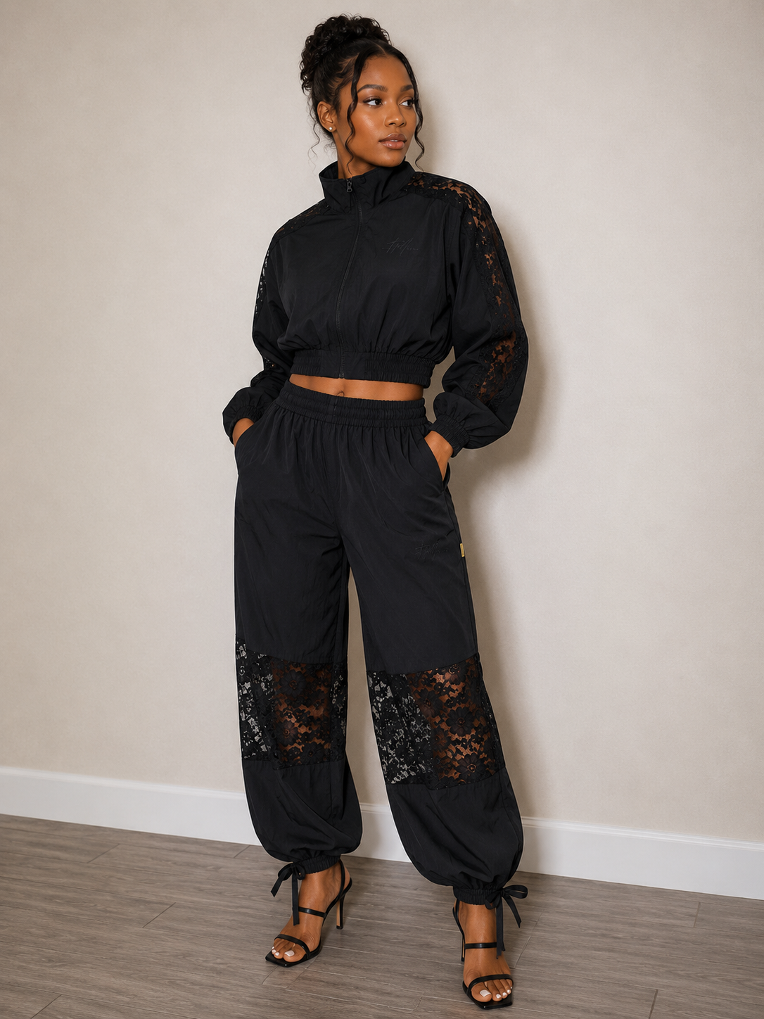 LADIES BLACK LACE & LUXURY JOGGER SET
